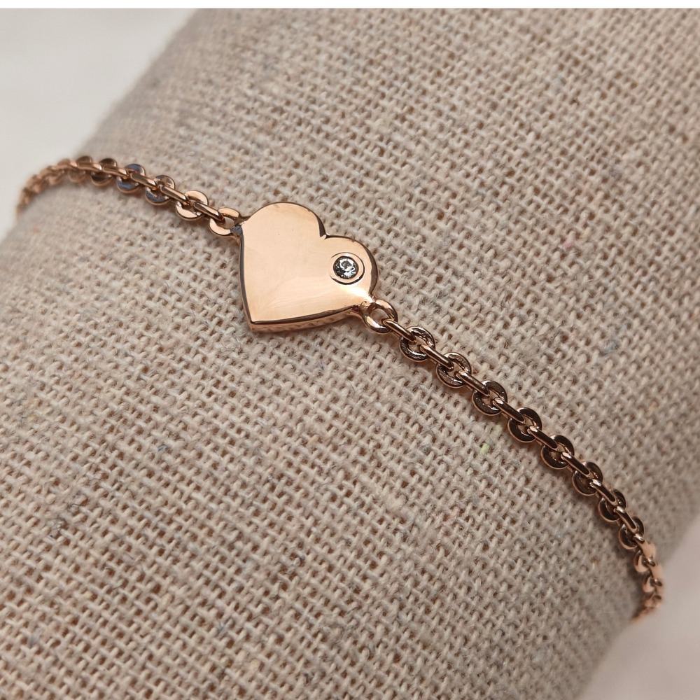 Rose Gold Tone Heart Charm Bracelet Chain Link Crystal Accent Adjustable Dainty